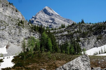 Hiking at Ribbon Creek view towards Ribbon Peak at Kananaskis Canada