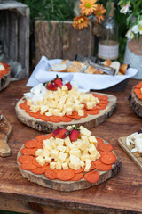 Elegant table in the garden with banquet and civil wedding service.