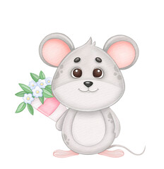 Little mouse with a bouquet of flowers, watercolor illustration for valentine's day or birthday