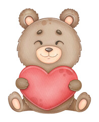 Cute watercolor bear with big heart, illustration for Valentine's Day