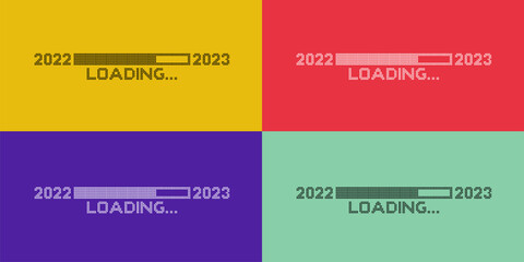 Collection of Pixelated progress bar year 2022 to 2023 loading. Set of Happy New Year Vector illustration. Isolated on yellow, red, green and purple background.