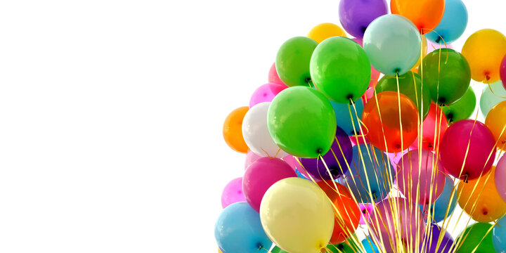 bunch of multicolored balloons, isolated on white background, banner format