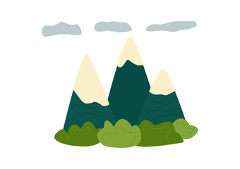 Vector mountain landscape with three mountains and forest in flat style. Hand drawn illustration