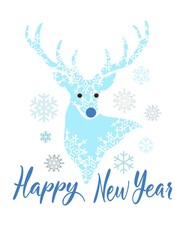 Vector buck deer stag reindeer head silhouette drawing illustration with antlers,blue nose.Snowflakes pattern background texture.Happy New Year calligraphy.Merry Christmas lettering.Cricut.Plotter Cut