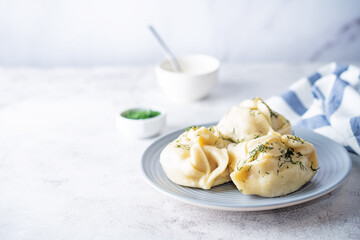 Steamed manta rays with meat sprinkled with dill in a plate