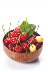 Cherry In wooden Bowl Isolated On White Background