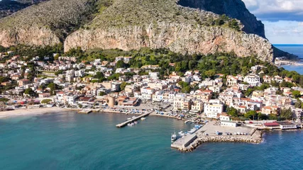 Fotobehang Beach of Mondello in Palermo, Italy. Aerial view from drone © jovannig