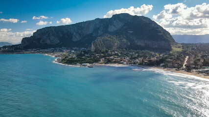 Fototapeta na wymiar Beach of Mondello in Palermo, Italy. Aerial view from drone