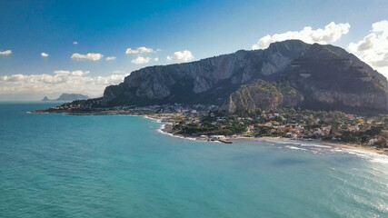 Beach of Mondello in Palermo, Italy. Aerial view from drone