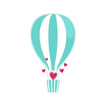 Light blue hot air balloon with stripes and fly hearts. Valentine day design. Love aerostat, wedding, transport clip art