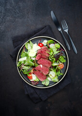 Modern style traditionell gebratene dry aged Bison Rump Steak Scheiben mit Gemüse, Salat und Parmesan Käse serviert als Draufsicht auf einem Nordic Design Teller mit Textfreiraum  