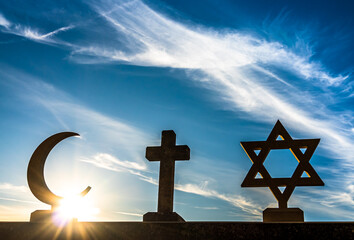 the three symbols of Judaism, Christianity and Islam - 475178711