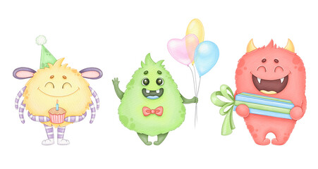 Birthday monsters, watercolor illustration