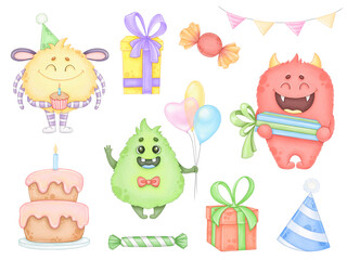 Watercolor set with Birthday monsters and gifts, balloon.