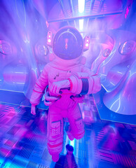 astronaut is checking the air on cyberpunk space ship