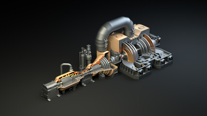 Steam turbine on a dark background. Sectional view of a condensing turbine. Rotor with impeller. Disassembled steam generator. 3D illustration - obrazy, fototapety, plakaty