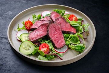 Modern style traditional fried dry aged bison beef rump steak slices with vegetable and lettuce served as close-up on a Nordic design plate with copy space