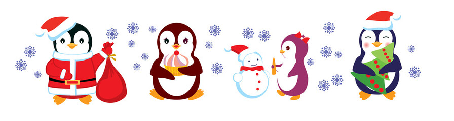 A winter set with penguins holding a bag of gifts in a Santa Claus costume, making a snowman, eating an ice cream cake, carrying a purchased Christmas tree. snowflakes are flying. Vector illustration
