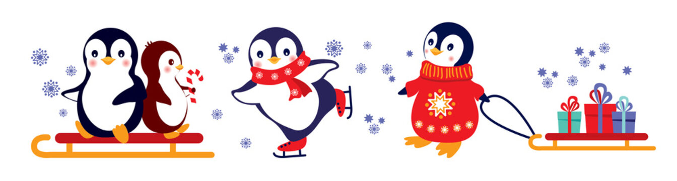 Winter Set With Penguins, Sledding And Eating Christmas Candy, Carrying A Sled With Gifts. Snowflakes Are Flying. Vector Illustration