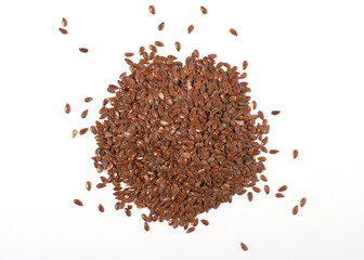 Linseeds heap isolated on white background. Flax seeds pile close up.