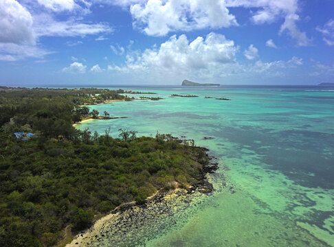 Aerial view of the north coast of Mauritius island at Calodyne