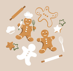 Cute gingerbread vector set. Baking elements vector illustrations.
