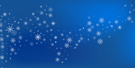 White delicate openwork snowflakes are scattered on a blue background. Festive background, postcard design, wallpaper