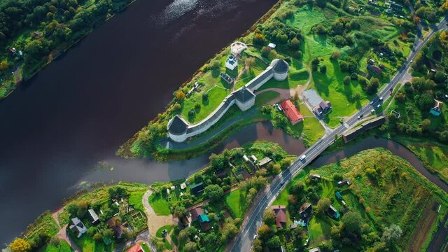 Old Russian fortress. Ancient fortress on the coast of Volkhov river in the town of Staraya Ladoga (Old Ladoga) in Russia. Aerial view of the ancient fortress.