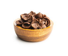 Sweet chocolate breakfast cereal flakes in bowl.