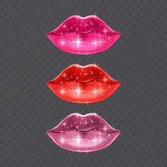 Beautiful voluminous lips on a transparent background, pink lips with a shiny glitter texture, Vector EPS 10 illustration