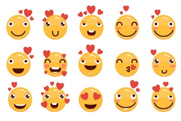 Love eyes emoticons vector Love eyes emoticons facesfaces. Yellow loving fun emoticon set, humor mood smileys with hearts, sweet cartoon emoji characters isolated on white background