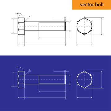 Technical drawing of the bolt in projection isolated on white and blue