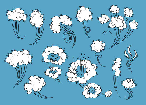 Speed cloud motion effect. Cartoon comic line clouds, moving smoke puff, funny fart, air jump blow wind dust, boom bubble explosion, spiral energy, windy shape neat vector. Illustration smoke comic