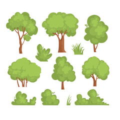 Cartoon hedge set. Garden park green bushes, gardening plants with flowers, forest vegetation, trees bush shrub with branch, bushs for game, hedges vector design. Illustration of spring park green