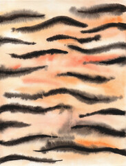 Tiger skin watercolor background. Hand drawn illustration. Abstract animals fur texture print.