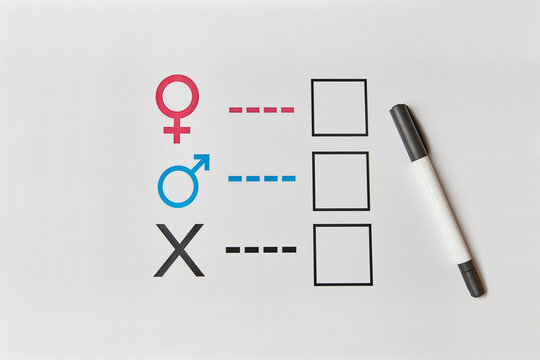 A person is determined by his gender. Sheet of paper with gender symbols. The right to one's identity.