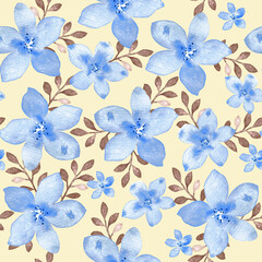 Seamless pattern with blue 
flowers on yellow background,
 watercolor illustration