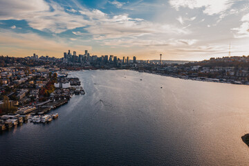 Aerial view of the cityscape of Seattle during sunset, South Lake Union