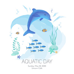 Invitation to a water show. Background, banner, card, poster with text inscription and sea animals. Vector illustration.
