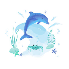 Jumping dolphin on the background of a sea wave. Vector illustration for water and marine themes.