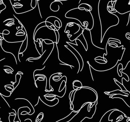 Abstract drawing of women's faces with white lines on a black background.Seamless pattern.