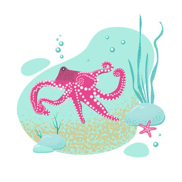 Octopus in the ocean. Underwater world. Vector illustration for water and marine themes.