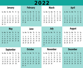 2022 Calendar Horizontal Blue Green Teal