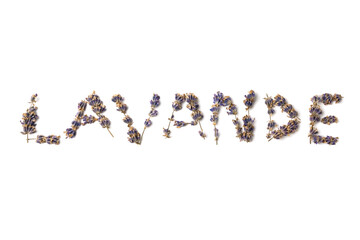 the word lavender from lavender twigs on a white background