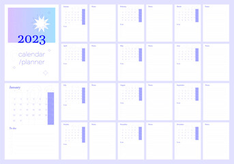 2023 calendar planner. Daily, weekly, monthly planner template. Printable to do list. Business organizer page. Paper sheet. Week starts on Monday. Trendy scheduler 12 month editable a3, a4, a5. 
