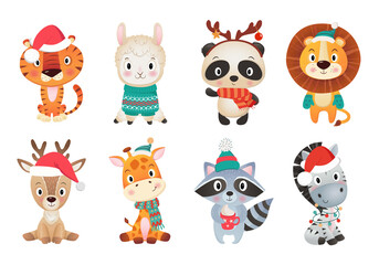 Colorful set of different Cristmas and Happy new year cute amimals on white Background
