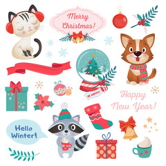 Colorful set of different Cristmas and Happy new year decoration, cute amimals on Background