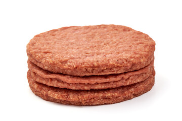 Raw burger cutlets, ingredients for hamburger, isolated on white background.