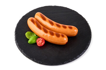 Fried frankfurter sausage, isolated on white background.