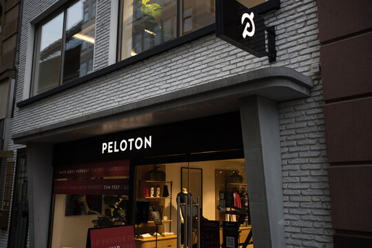 frankfurt, hesse, germany - 13 12 2021: a peloton shop sign
